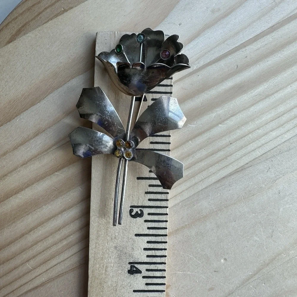 Vintage Artisan Brooch‎ Pin 3.25 Inch Multicolor Crystals Sterling Silver 17.5g